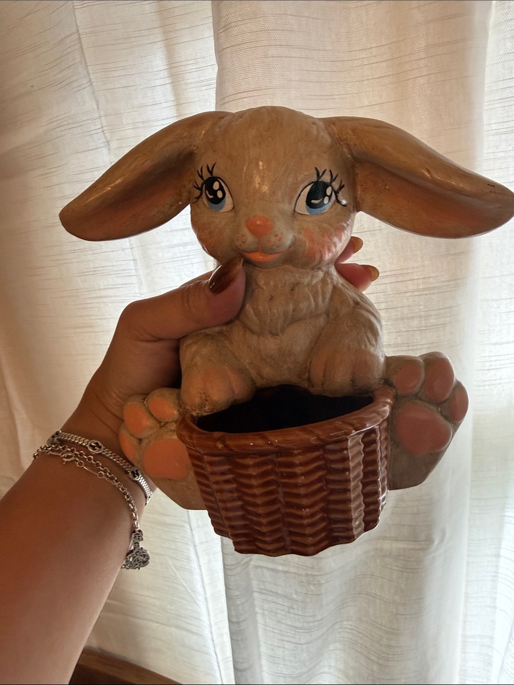 Ceramic Bunny Planter - Beige and Peach Decorative Basket